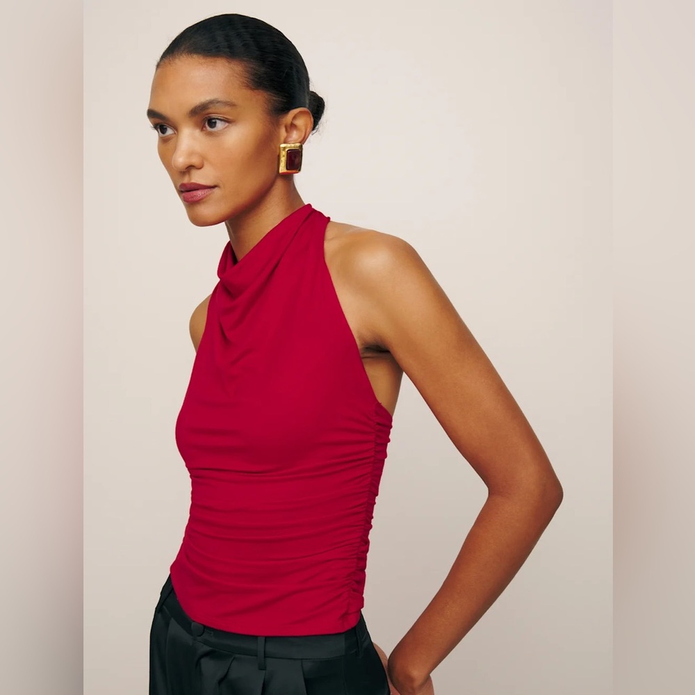 Reformation Red Sleeveless Draped Neck Top